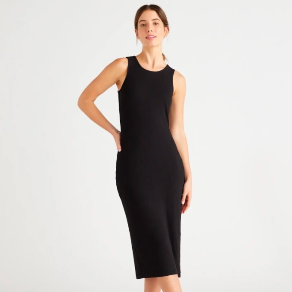 Quince Tencel Rib Knit Sleeveless Dress in Black, Size XS